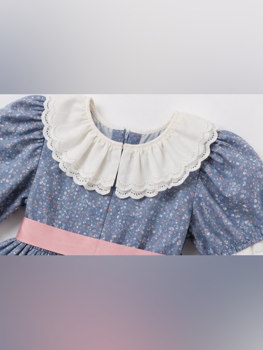 Blue Floral Long-Sleeve Dress with Pink Bow for Kids - Picture 4 of 4